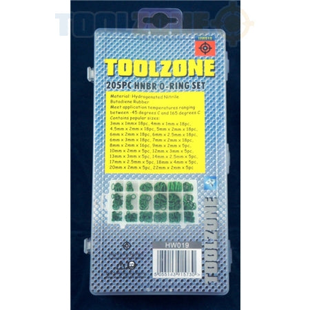 Toolzone 205Pc HNBR Hydrogenated Nitrile Butadiene Rubber O-Ring Set - 3mm to 22mm