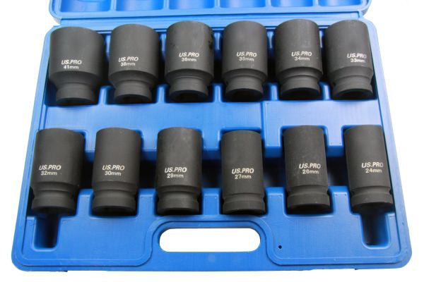 A set of US PRO 12 deep impact sockets in metric sizes, displayed in a blue carrying case.